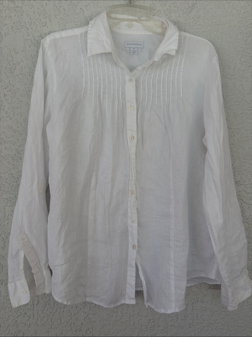 Charter Club White Linen Pintuck Button-Down Shirt size 16
